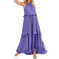 thumbnail image 1 of Womens Dresses Summer Sleeveless Long Solid Color Loose Halter Neck Ruffle Maxi Beach Casual Dress Purple XL, 1 of 8