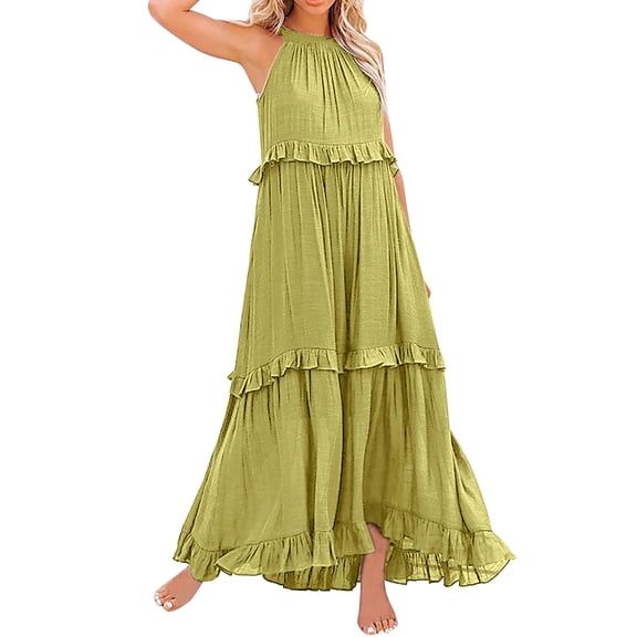Womens Dresses Summer Sleeveless Long Solid Color Loose Halter Neck Ruffle Maxi Beach Casual Dress Yellow M