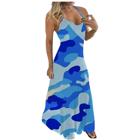 Womens Dresses Summer Sleeveless Plus Size Camouflage V-Collar Long Maxi Casual Dress Blue XXXXL