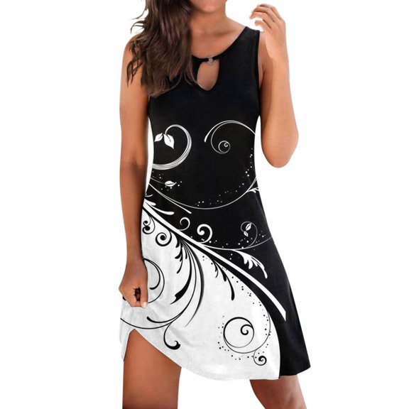 Womens Dresses Summer Sleeveless Print Tank Top Cutout V Neck Loose Beach Short Mini Tank Casual Dress Black XL