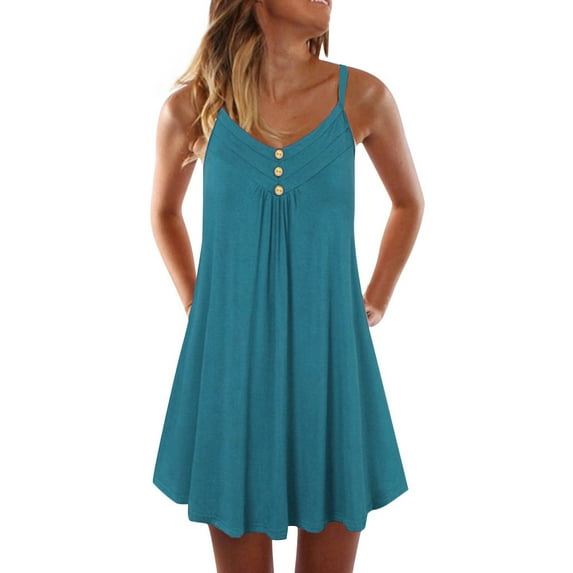 Womens Dresses Summer Sleeveless Spaghetti Strap Double Breasted Plain Shift Casual Dress Green L