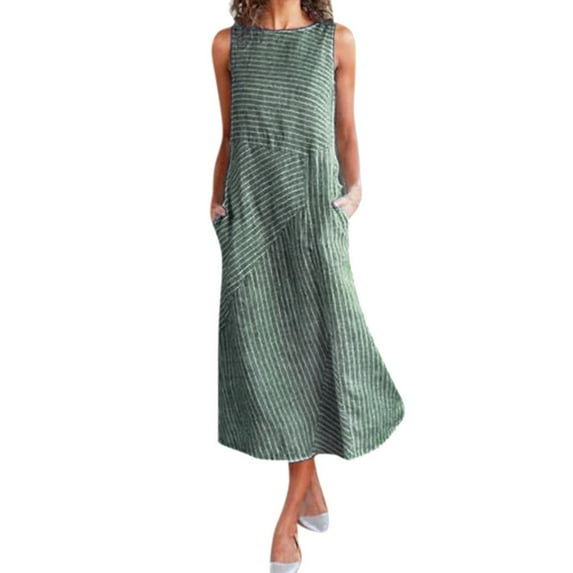 Womens Dresses Summer Sleeveless Striped Print Neck Linen Pocket Long Casual Dress Green XL