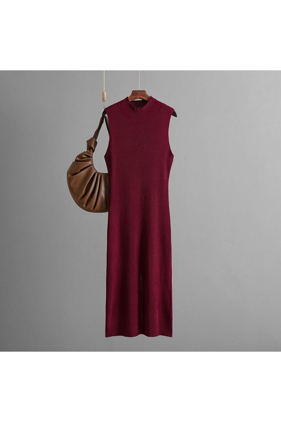 Womens Dresses Summer Solid Color Crew Neck Mid-Length Dress Leisure Slim Fit Sleeveless Sundresses