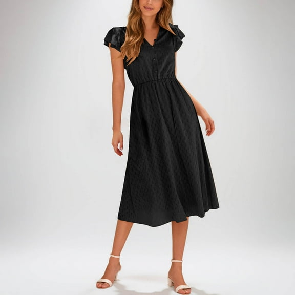 Womens Dresses Summer Solid Color Short Sleeve Tie-Front Dress Pleated A-Line Sundress Black M