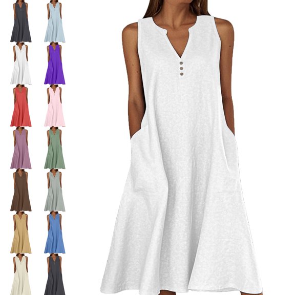 Womens Dresses Summer Solid Color V Neck Casual Flowy Sundresses Dress Sleeveless Long Dress Loose Petite Elastic Waist Midi Dress