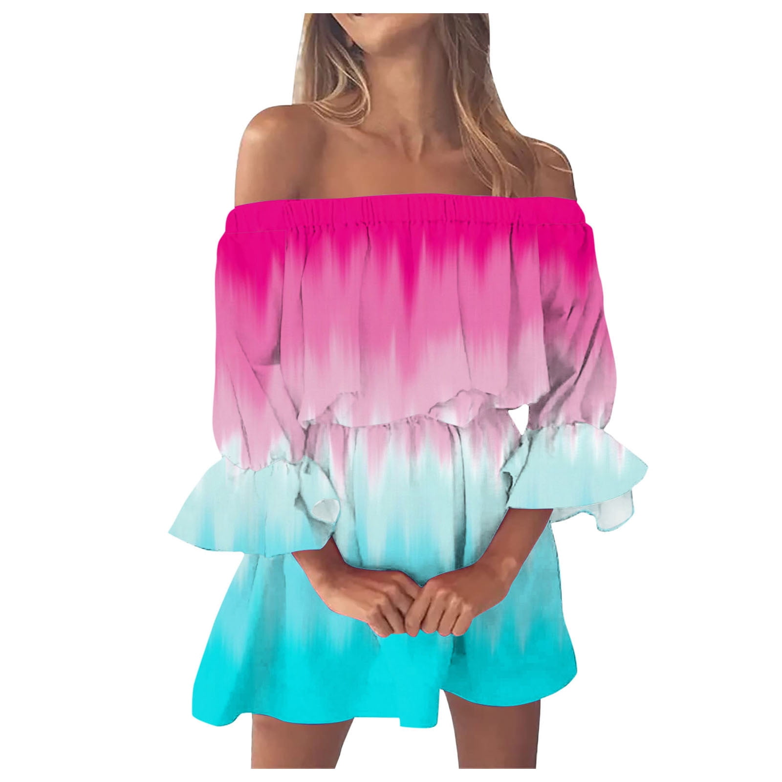 Womens Dresses Summer Vintage Print Beach Sexy Off Shoulder Tunic Bell