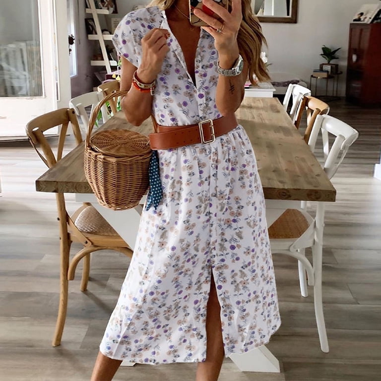 new holiday dresses Rutainlusire Womens Dresses Summer Women's New Holiday Floral Print Loose Casual Short-Sleeved Dress, Size: 2XL