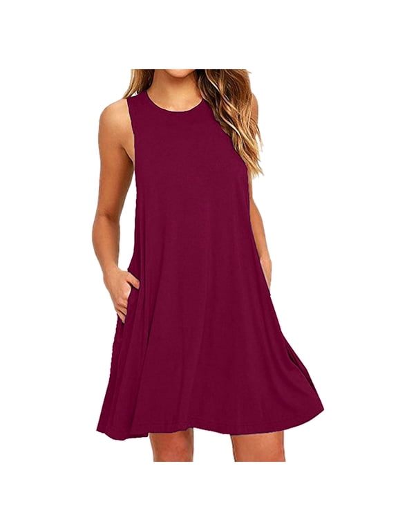 Womens Dresses Swimsuit Cover Up Soild Color Summer Sleeveless T Shirt Beach Tank Dress