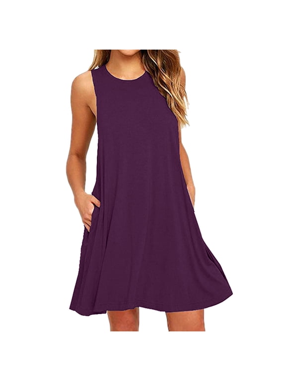 Womens Dresses Swimsuit Cover Up Soild Color Summer Sleeveless T Shirt Beach Tank Dress