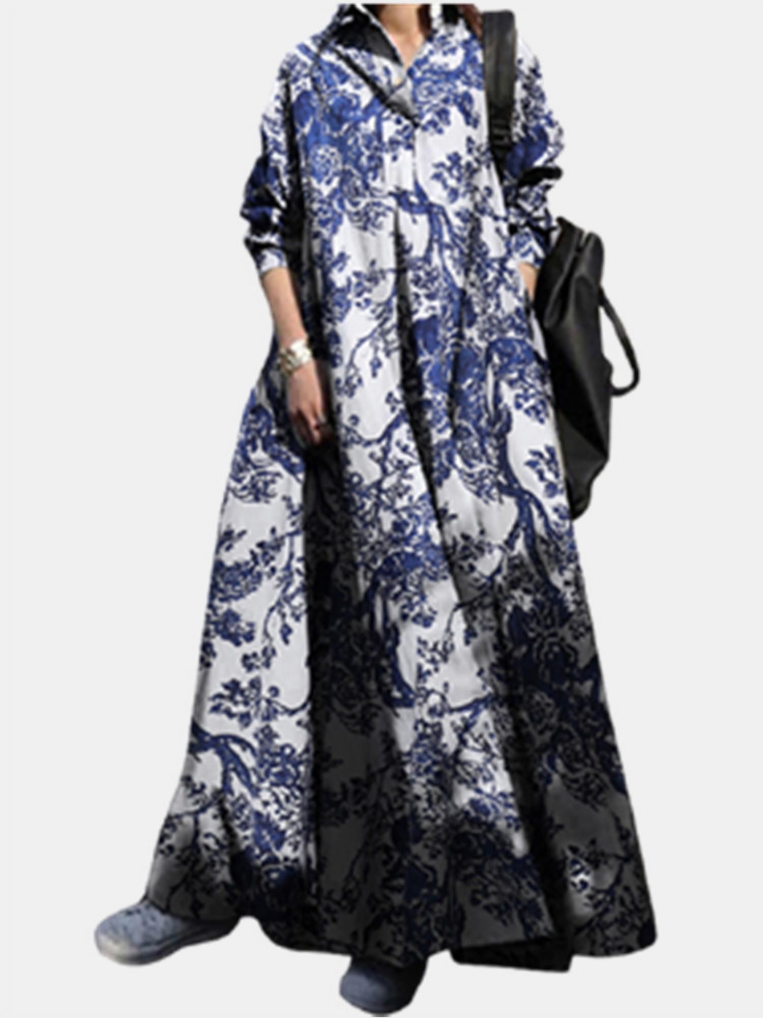 Casual Floral Print Buttons Turndown Collar Long Dresses