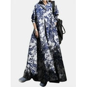 Womens Dresses Turn-down Collar Long Sleeve Floral Print Long Maxi Dress