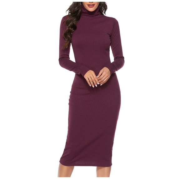 Womens Dresses Turtleneck Ribbed Knit Long Sleeve Slim Fit Casual Fashion Party Outwear Sweater Dress