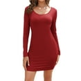 thumbnail image 1 of Womens Dresses U Neck Long Sleeve Casual Ribbed Knit Slim Fitted Basic Bodycon Mini Pencil Dress Red XL, 1 of 9