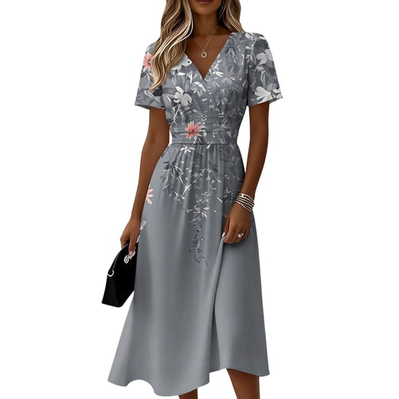 Dresses for Women Short Sleeve Crossover Wrap V Neck Summer Dress Beach Vacation Sundress Modest Dresses
