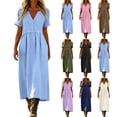 thumbnail image 1 of Womens Dresses V Neck Button Down Midi Dress Short Sleeve Linen Texture Loose Flowy Casual Dress with Pockets Vacation Sundress XXL, 1 of 8