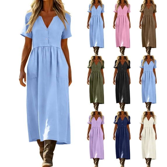 Womens Dresses V Neck Button Down Midi Dress Short Sleeve Linen Texture Loose Flowy Casual Dress with Pockets Vacation Sundress XXL