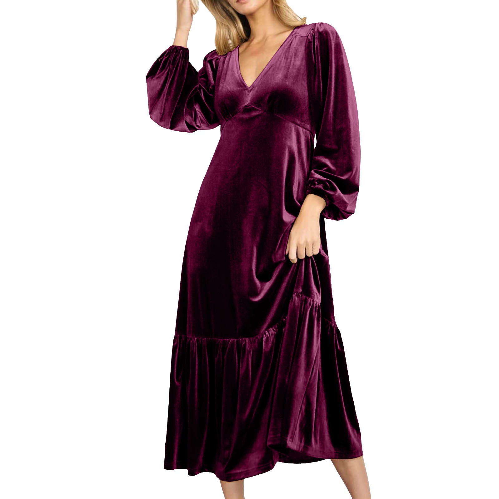 Womens Dresses V Neck Waist Cinching Puff Sleeve Velvet Ruffle Long