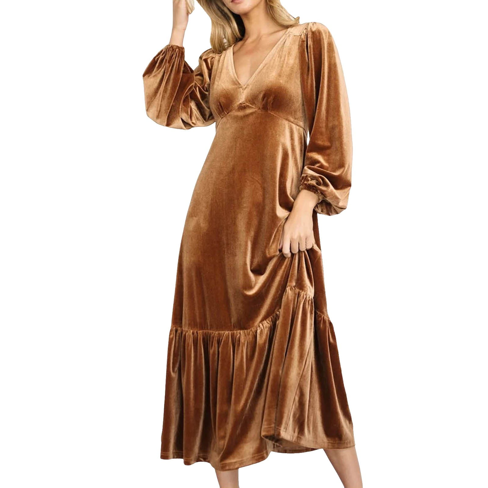 Womens Dresses V Neck Waist Cinching Puff Sleeve Velvet Ruffle Long
