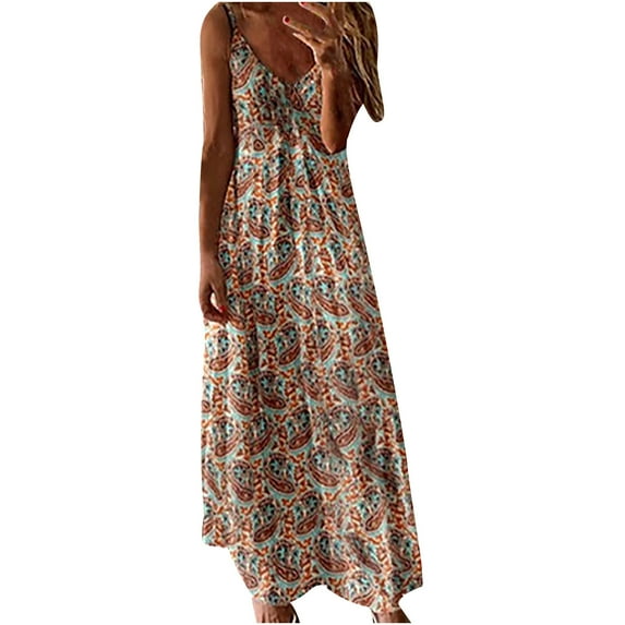 Womens Dresses Vacation, Ladies Spaghetti Strap Beach Dress V-Neck Loose Seaside Vacation Beach Cami Maxi Dresses Summer Long Dress