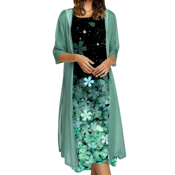 Womens Dresses Vacation, Womens Plus Size Summer Dresses Flowy Floral Print Two-Piece Set Dress Crewneck Sleeveles Dress Cadigan for Wedding Guest