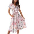 thumbnail image 1 of Womens Dresses Vacation, Womens Summer A-Line Sundress V Neck Short Sleeve Floral Printed Casual Swing Midi Dress with Belt, 1 of 8