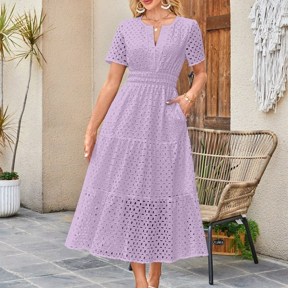 Womens Dresses Women's Casual Printed Pleated Elastic Waist Sleeveless V-Neck Dress Boho Dresses Long Purple M