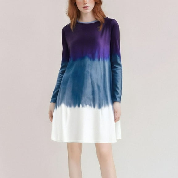 Womens Dresses Women's Fall Winter Casual Cute Comfortable Loose Flowy Round Neck Long Sleeved High Waist Gradient Print Medium Long Sundresses Purple S-2XL