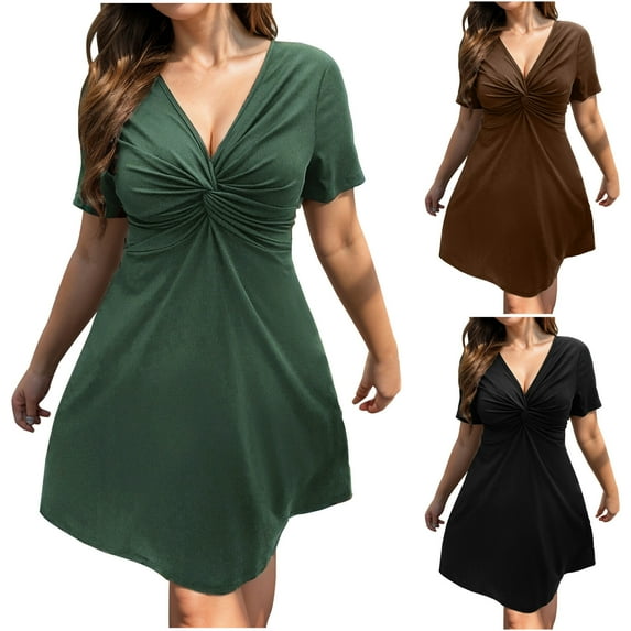 Womens Dresses Women's Plus Size Midi Dress Short Sleeve A-Line Swing Dress V Neck Flowy Casual Dresses for Women