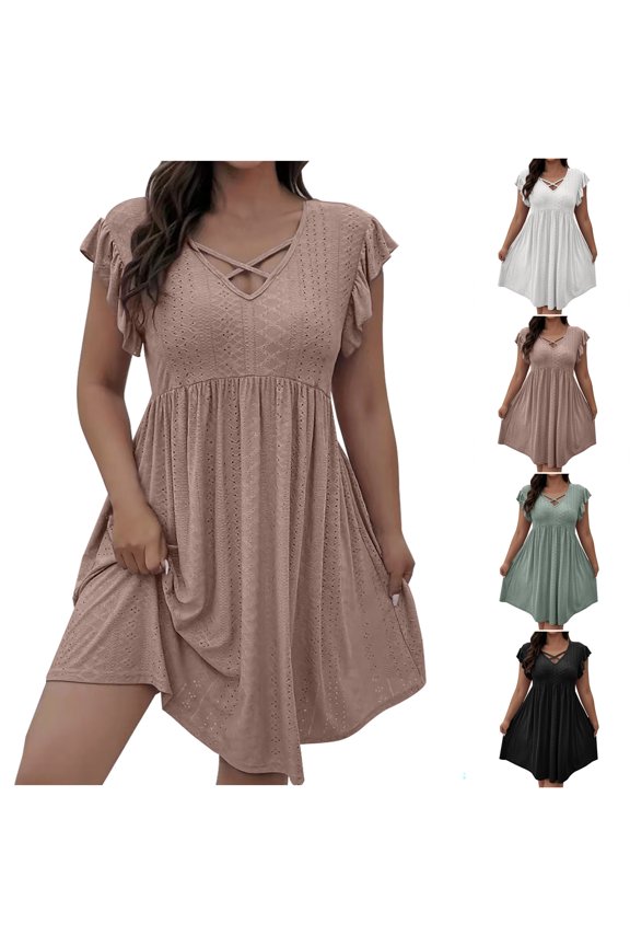 Womens Dresses Women's Plus Size Wrap Front Sweetheart Neck Ruffle Cap Sleeve A Line Dresses for Women