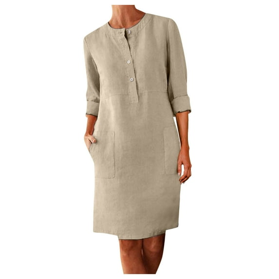 Womens Dresses Women's Round Neck Knee-Length Linen Dress Boho Casual Loose Dress With Buttons Khaki-XL
