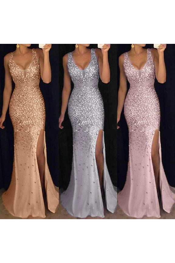 Womens Dresses Women's Sequin Prom Party Ball Gown Sexy Gold Evening Bridesmaid Neck Long Dress Silver qILAKOG Size M
