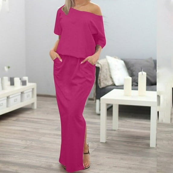 Womens Dresses Women's Solid Color Short Sleeved One Line Collar And Ankle Casual Pocket Summer Dress Boho Dresses for Women Hot Pink S