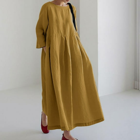 Womens Dresses Women's Spring Summer Fall Winter Medium Long Sleeved Solid Color Linen Round Neck Long Fashionable Casual Dresses for Women Yellow S-XL