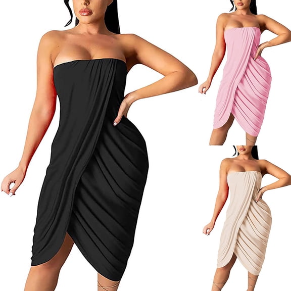 Womens Dresses Women's Summer Solid Wrapped Chest Shoulder Sexy Wave Pleated Hip Dress Beige qILAKOG Size M