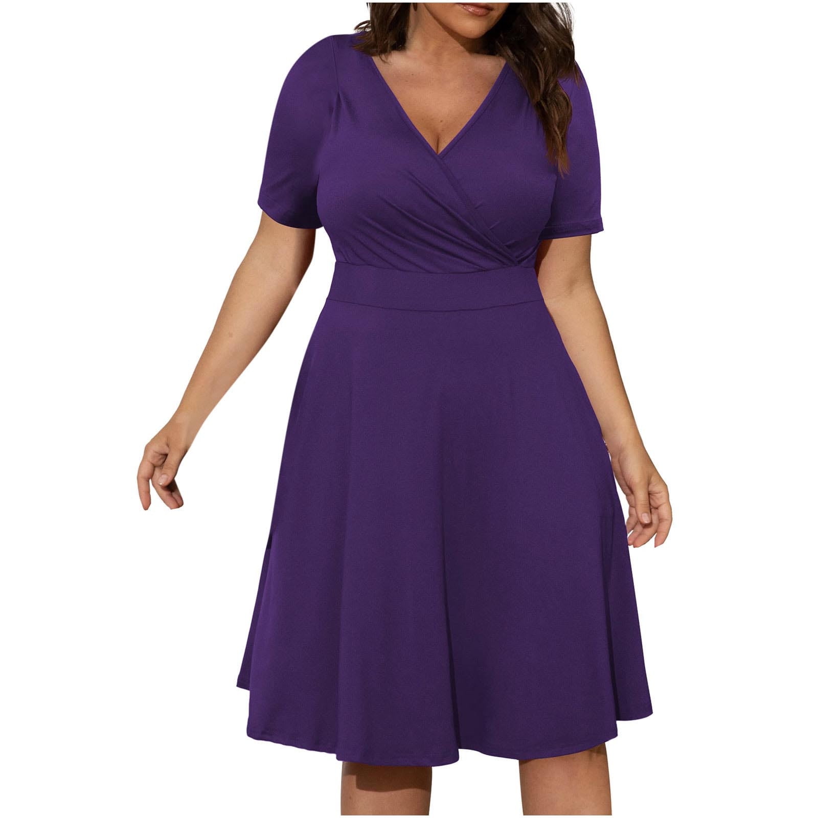 Plus Size Dresses for Curvy Women Womens Casual Plus Size V-Neck Solid  Short Sleeve Boho Dress Dress With Pockets Clearance 