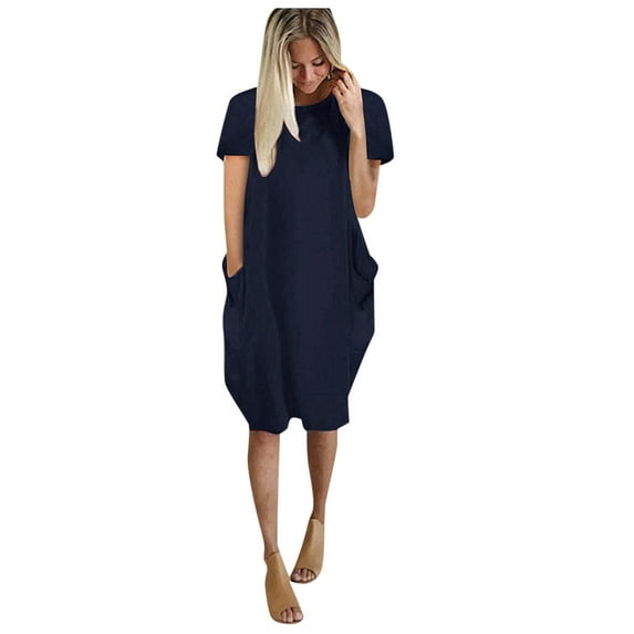 Womens Dresses Womens Jumper Ladies Oversized Baggy Short Sleeve Pocket Pullover Mini Dress Dresses For Women Navy-M