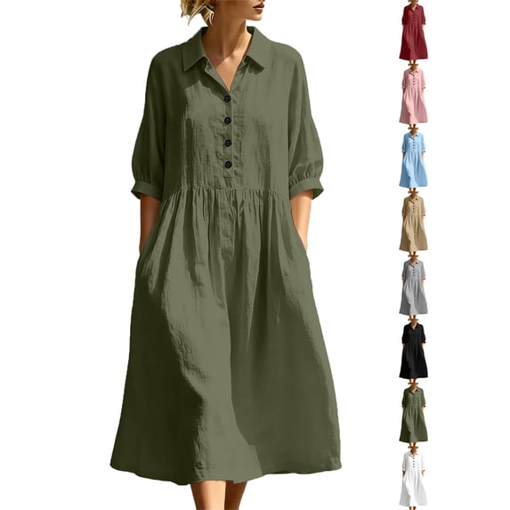 Womens Dresses Zeliretfy Women's Button Up Polo Collar Shirt Dress 3/4 Sleeve Ruffle Tiered Flowy Maxi Long Dress Casual Fashion Solid Color Dress