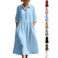 thumbnail image 1 of Womens Dresses Zeliretfy Women's Button Up Polo Collar Shirt Dress 3/4 Sleeve Ruffle Tiered Flowy Maxi Long Dress Casual Fashion Solid Color Dress, 1 of 8