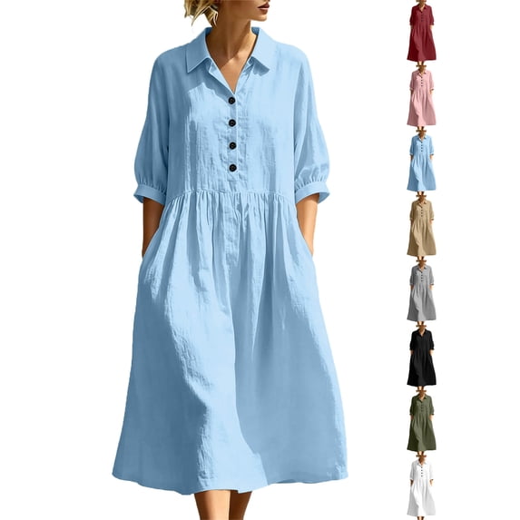 Womens Dresses Zeliretfy Women's Button Up Polo Collar Shirt Dress 3/4 Sleeve Ruffle Tiered Flowy Maxi Long Dress Casual Fashion Solid Color Dress