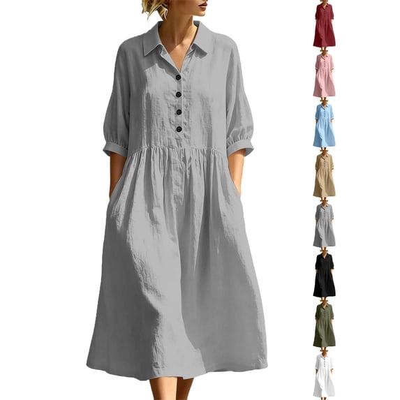 Womens Dresses Zeliretfy Women's Button Up Polo Collar Shirt Dress 3/4 Sleeve Ruffle Tiered Flowy Maxi Long Dress Casual Fashion Solid Color Dress
