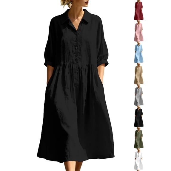 Womens Dresses Zeliretfy Women's Button Up Polo Collar Shirt Dress 3/4 Sleeve Ruffle Tiered Flowy Maxi Long Dress Casual Fashion Solid Color Dress