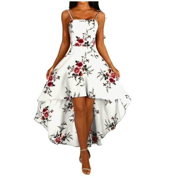 Womens Dresses for Wedding Guest Short Sleeve Boho Holiday Strappy Floral Print Ladies Beach Swing Irregular Tuxed Dress