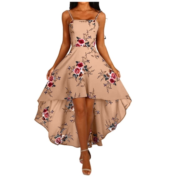 Womens Dresses for Wedding Guest Short Sleeve Boho Holiday Strappy Floral Print Ladies Beach Swing Irregular Tuxed Dress