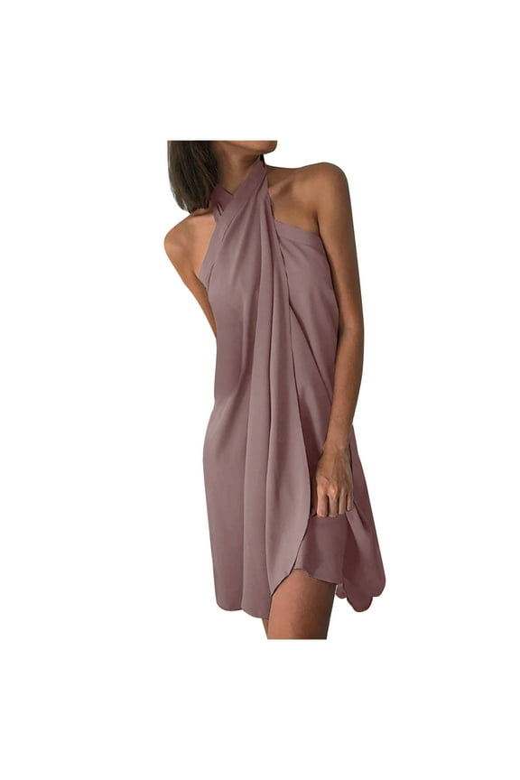 Womens Dresses for Wedding Guest Short Sleeve Halter Neck Loose Irregular Hem Casual Dress Beach Dress