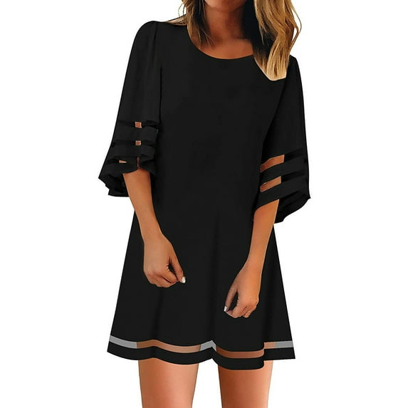 Womens Dresses for Wedding Guest Short Sleeve O Neck Mesh Panel Blouse 3/4 Bell Sleeve Loose Top Shirt Dress