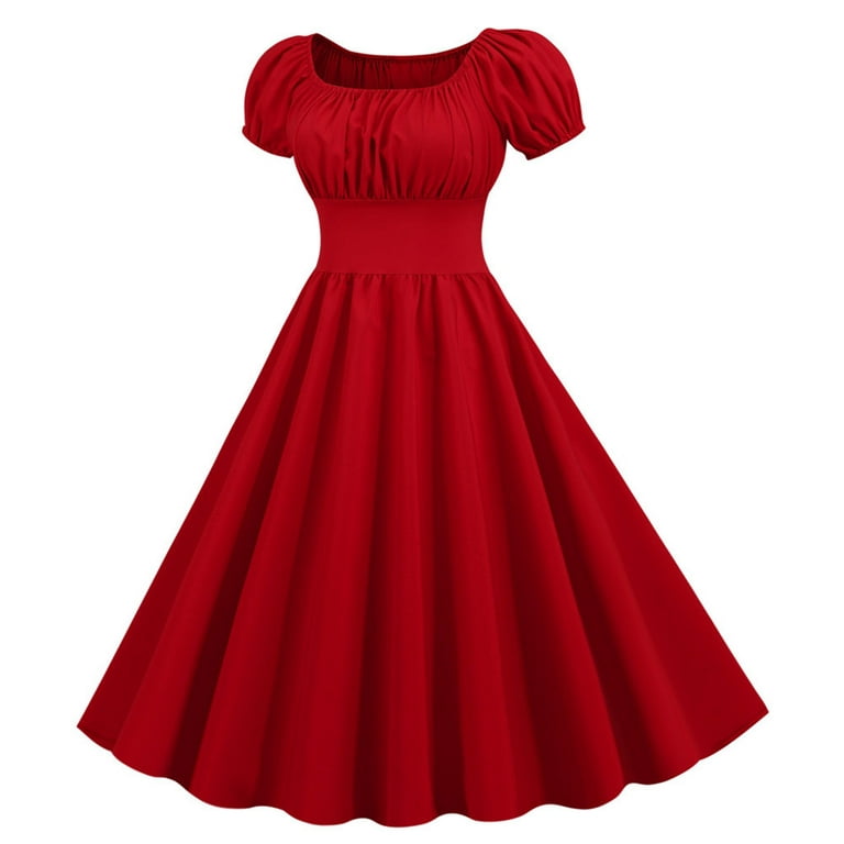 Womens Dresses for Wedding Guest Short Sleeve Square Neck Retro 50s 60s  Vintage Party Swing Dress