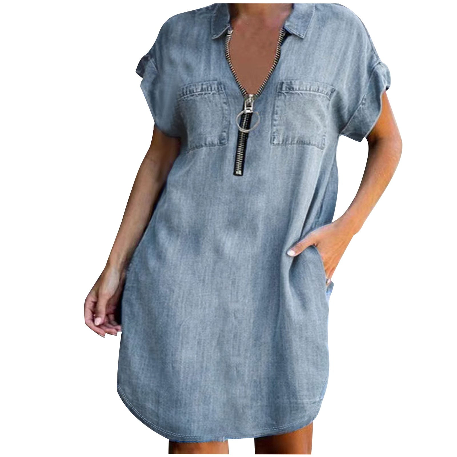 white christmas dresses Raw Hem Snap Down Half Sleeve Denim Dress Light / S