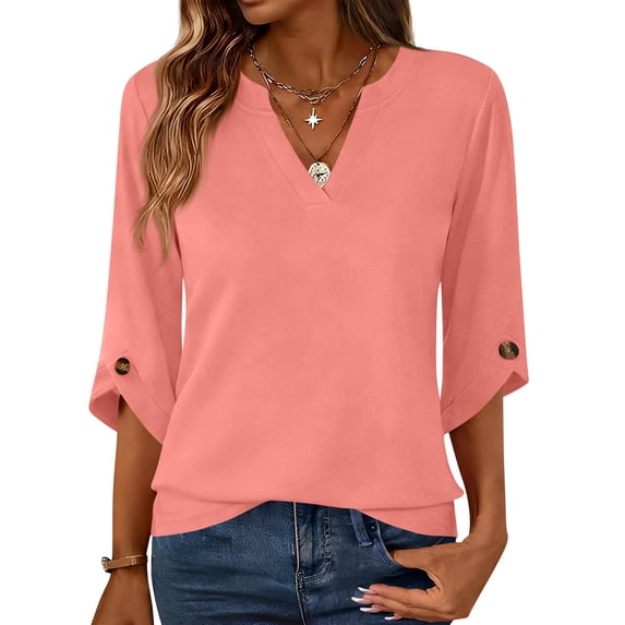 Womens Dressy 3/4 Sleeve Tops Trendy Cut V Neck Plain Tunic Shirts Cute Casual Solid Color Blouses Spring Summer Outfits Pink M