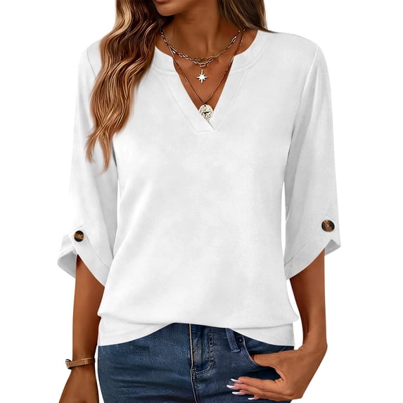 Womens Dressy 3/4 Sleeve Tops Trendy Cut V Neck Plain Tunic Shirts Cute Casual Solid Color Blouses Spring Summer Outfits White S