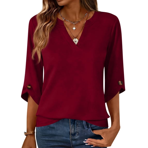 Womens Dressy 3/4 Sleeve Tops Trendy Cut V Neck Plain Tunic Shirts Cute Casual Solid Color Blouses Spring Summer Outfits Wine L